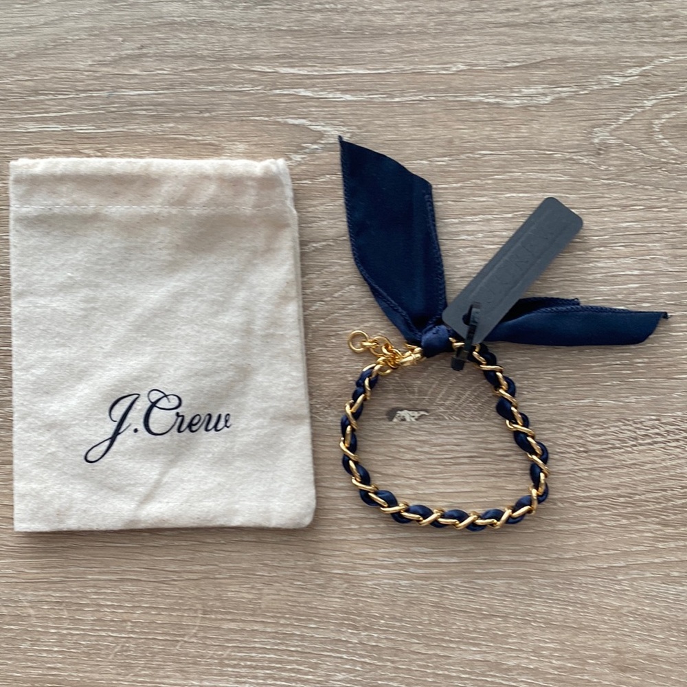 NWT J. Crew Navy Jewel Tone Silk Gold Chain Bow Bracelet
